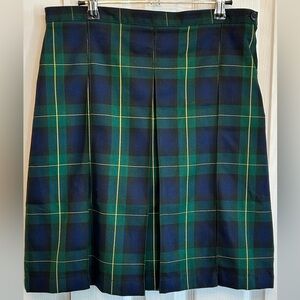 Lands’ End Plaid Box Pleat Skirt Womens 6 | Hunter & Classic Navy Poly Blend